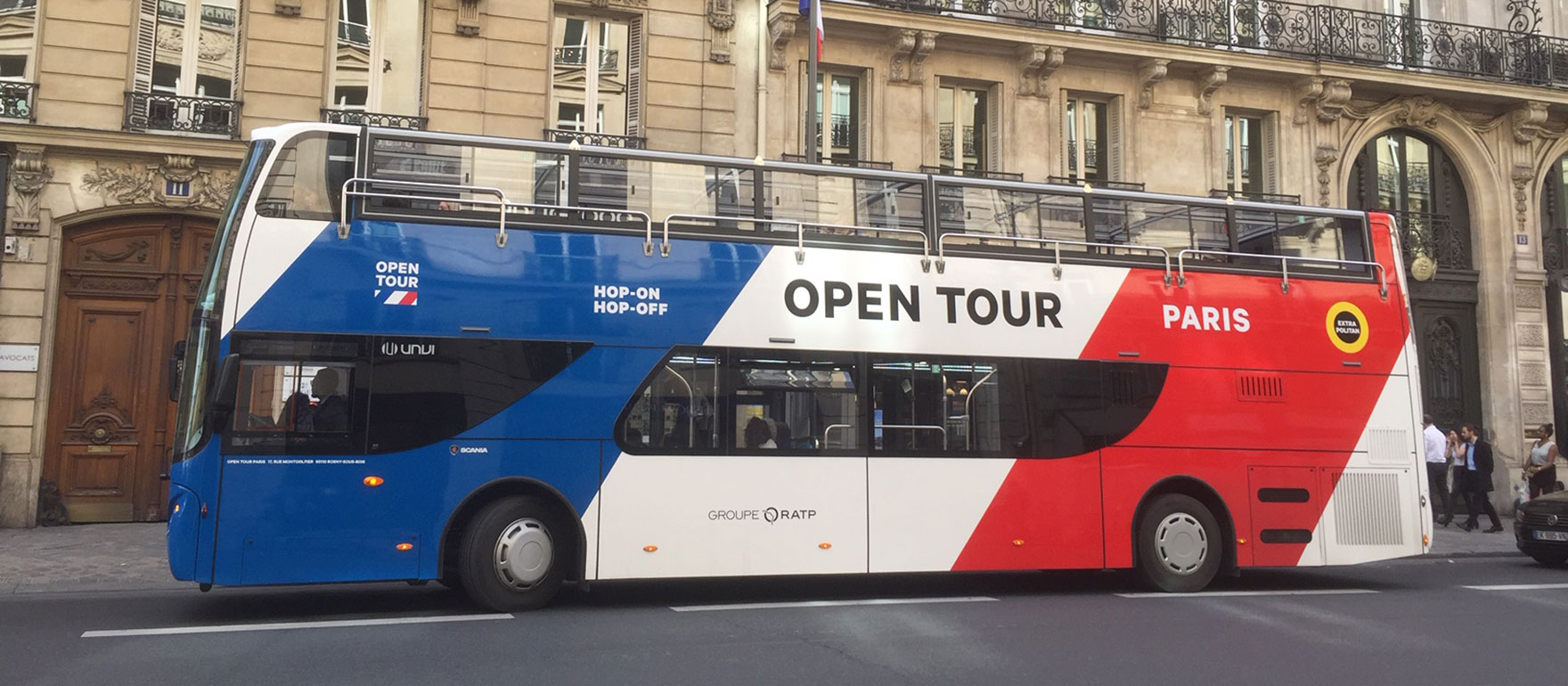 Paris on first gas-powered open top sightseeing bus by Scania & UNVI ...